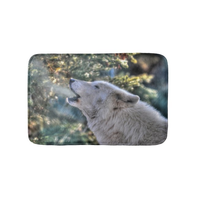 White Wolf Howling in a Winter Forest Bath Mat (Front)
