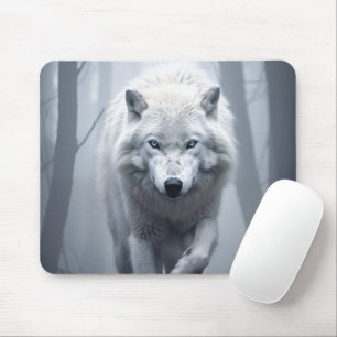 White Wolf in Foggy Forest Mouse Pad