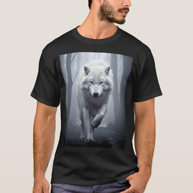 White Wolf in Foggy Forest T-Shirt (Front)