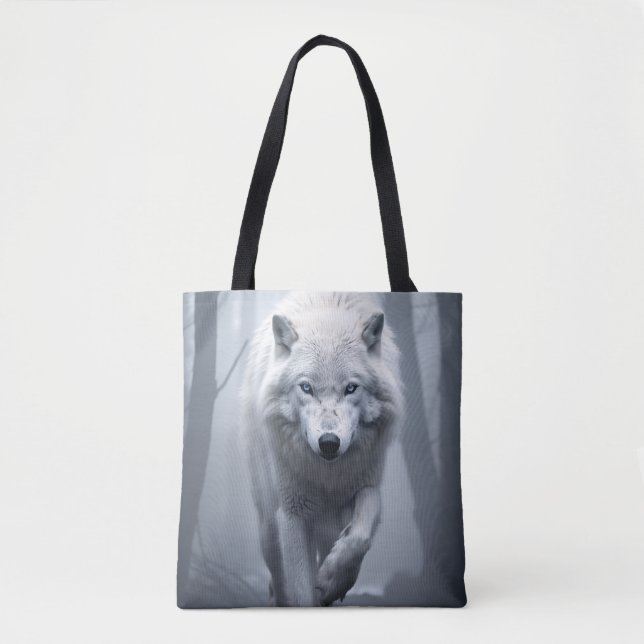 White Wolf in Foggy Forest Tote Bag (Front)
