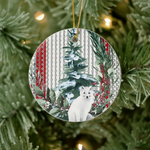 White Wolf in Snow Forest Winter Ceramic Ornament