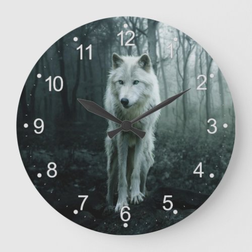 White Wolf in the forest Large Clock