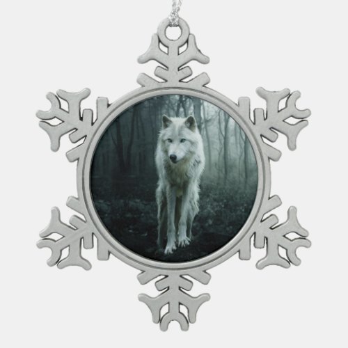 White Wolf in the forest Snowflake Pewter Christmas Ornament