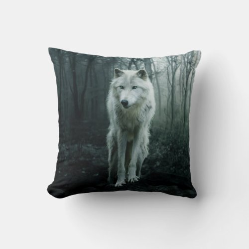 White Wolf in the forest Throw Pillow