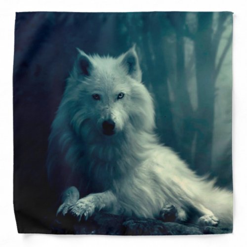 White wolf in the night forest bandana