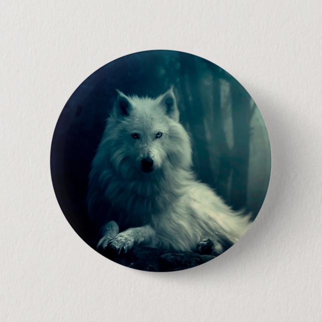 White wolf in the night forest button (Front)