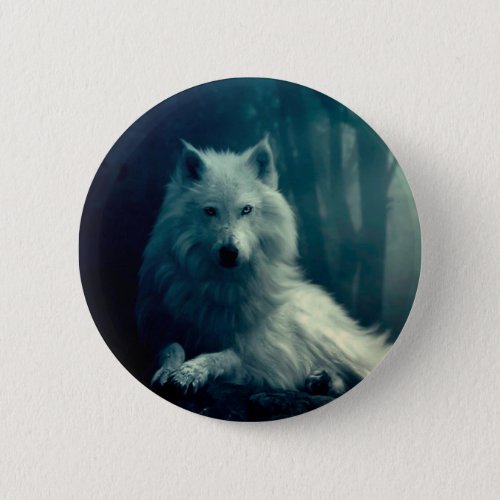 White wolf in the night forest button