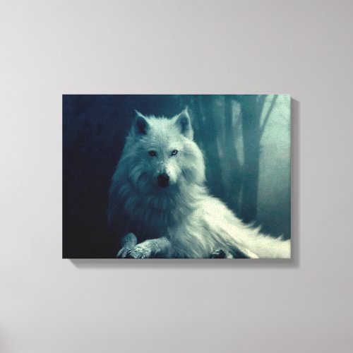 White wolf in the night forest canvas print