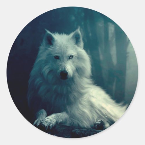 White wolf in the night forest classic round sticker