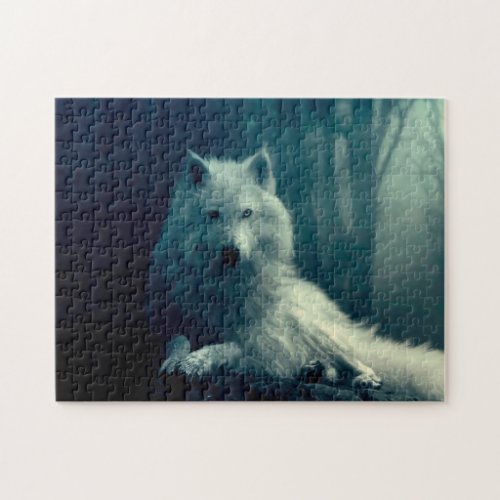 White wolf in the night forest jigsaw puzzle