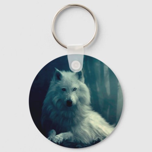 White wolf in the night forest keychain