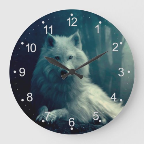 White wolf in the night forest large clock