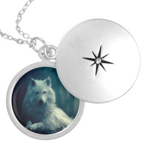 White wolf in the night forest locket necklace