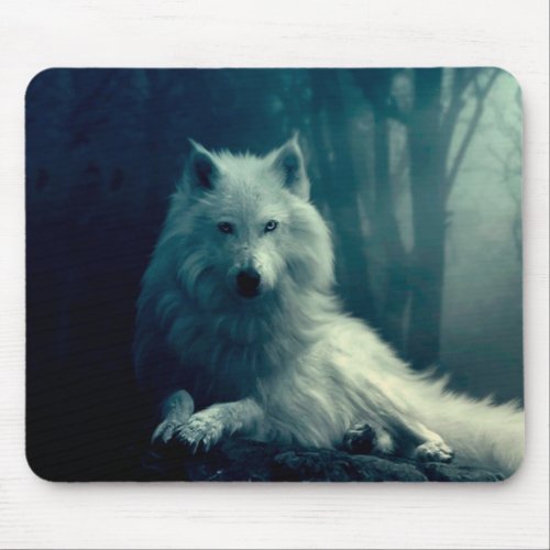White wolf in the night forest mouse pad