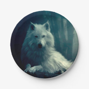 White wolf in the night forest paper plates