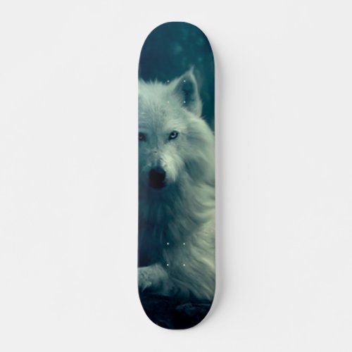 White wolf in the night forest skateboard
