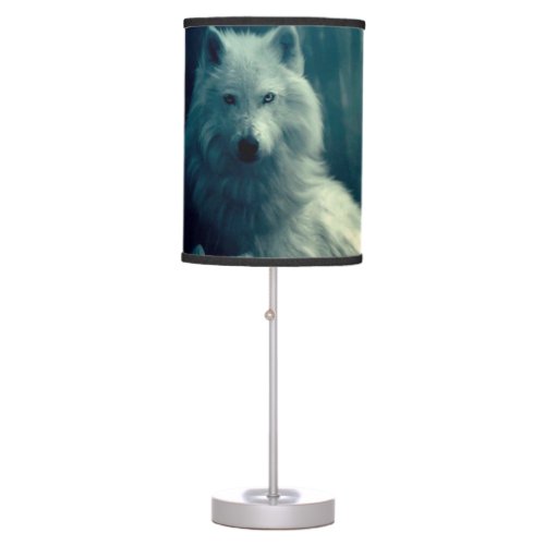 White wolf in the night forest table lamp