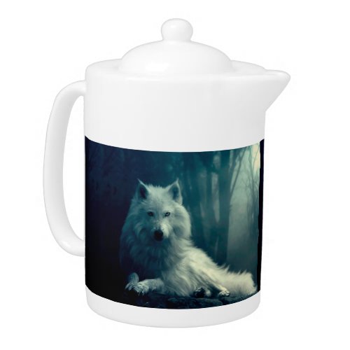 White wolf in the night forest teapot