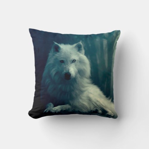 White wolf in the night forest throw pillow