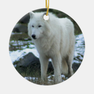 White Wolf in Winter Ceramic Ornament