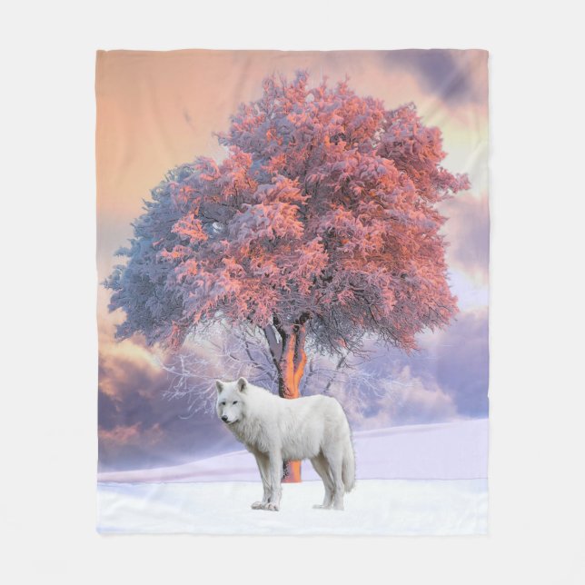 White Wolf in Winter | Pink Blanket (Front)