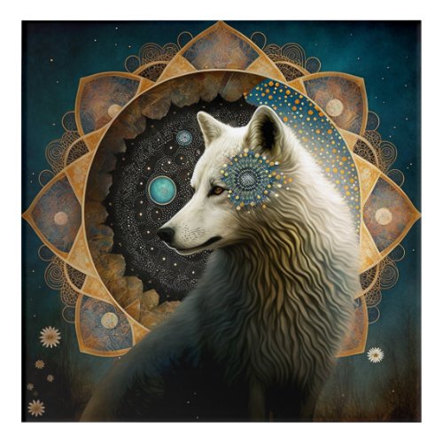 White Wolf Mandala Acrylic Print