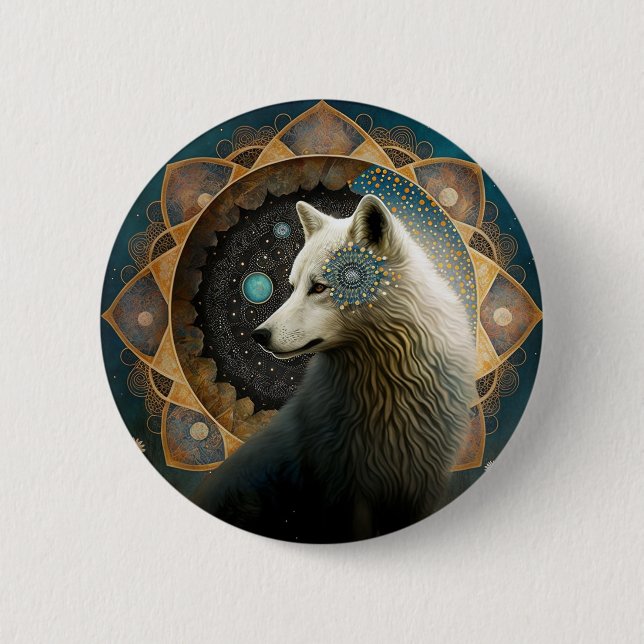 White Wolf Mandala Button (Front)