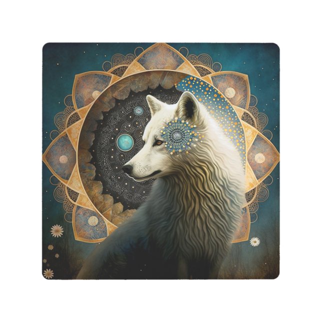 White Wolf Mandala Metal Print (Front)