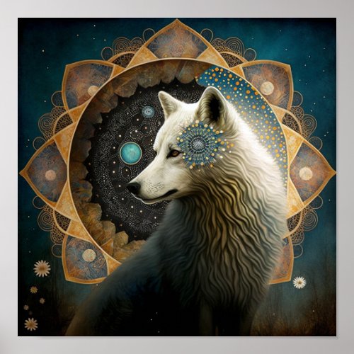 White Wolf Mandala Poster