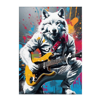 White wolf playing guitar, graffiti acrylic print