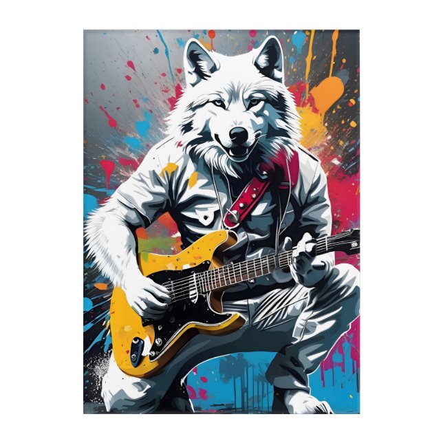 White wolf playing guitar, graffiti acrylic print (Front)