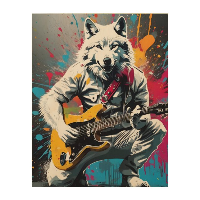 White wolf playing guitar, graffiti wood wall art (Front)