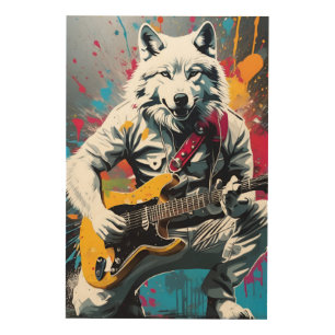 White wolf playing guitar, graffiti wood wall art