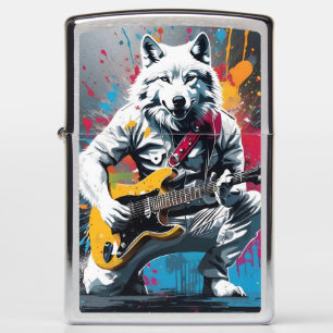 White wolf playing guitar, graffiti zippo lighter