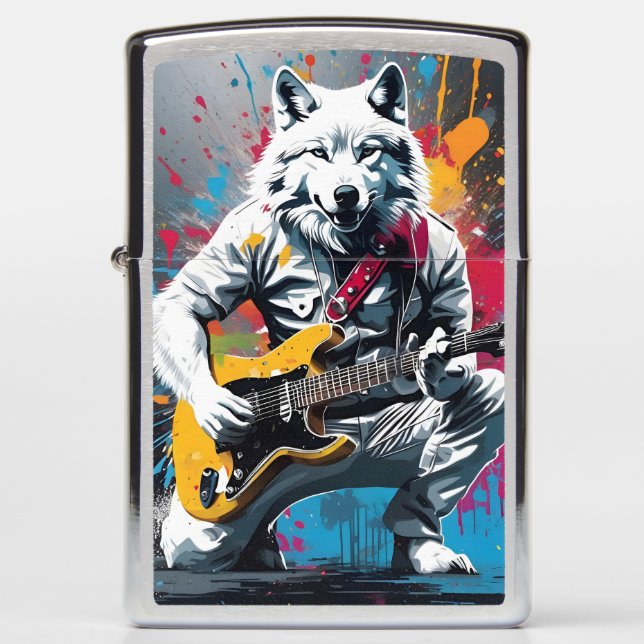 White wolf playing guitar, graffiti zippo lighter (Front)
