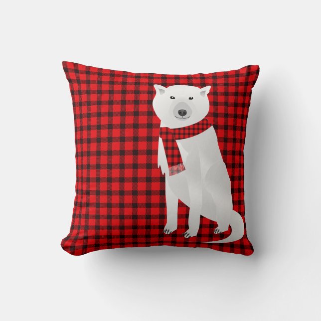 White Wolf Red & Polar Bear with Cub Buffalo Plaid Throw Pillow (Front)