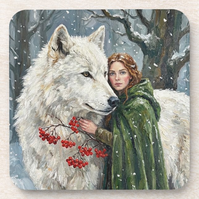 White Wolf Redhead Druid Winter Berries Fantasy Ar Beverage Coaster (Front)