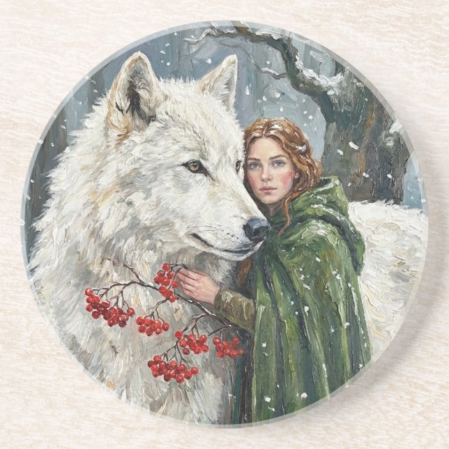 White Wolf Redhead Druid Winter Berries Fantasy Ar Coaster (Front)