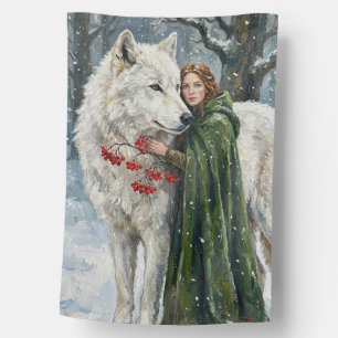 White Wolf Redhead Druid Winter Berries Fantasy Ar House Flag