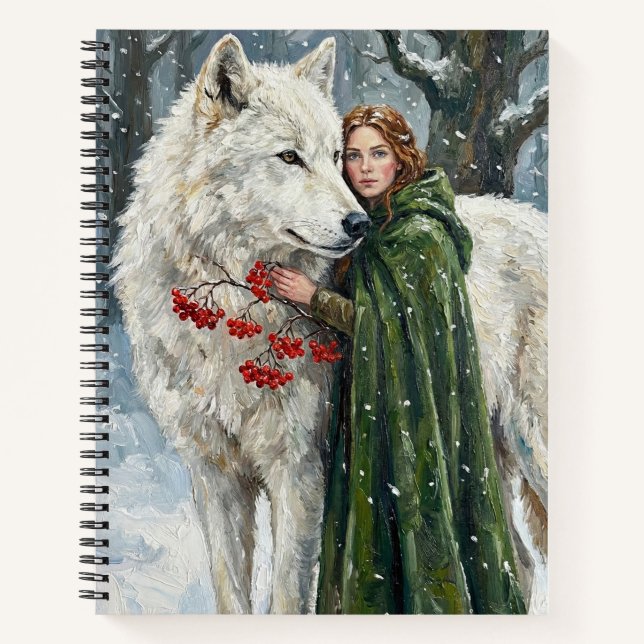 White Wolf Redhead Druid Winter Berries Fantasy Ar Notebook (Front)
