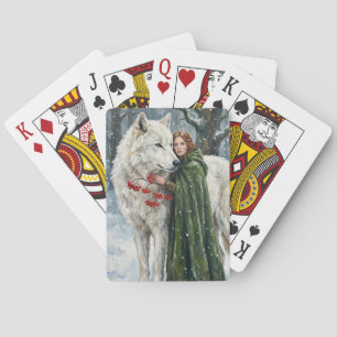 White Wolf Redhead Druid Winter Berries Fantasy Ar Poker Cards