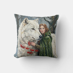 White Wolf Redhead Druid Winter Berries Fantasy Ar Throw Pillow