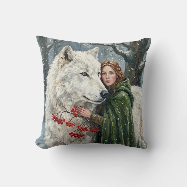 White Wolf Redhead Druid Winter Berries Fantasy Ar Throw Pillow (Front)