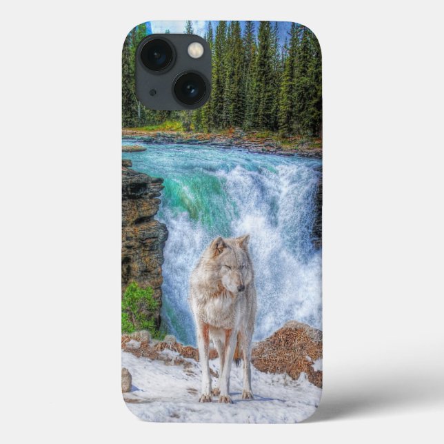 White Wolf & Rocky Mountain Waterfall Wildlife Art Case-Mate iPhone Case (Back)