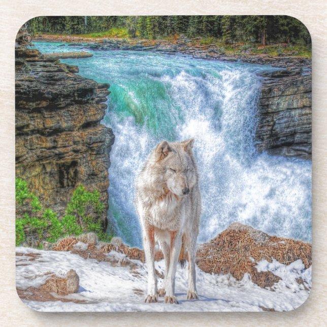 White Wolf & Rocky Mountain Waterfall Wildlife Art Drink Coaster (Front)