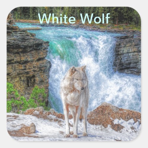 White Wolf  Rocky Mountain Waterfall Wildlife Art Square Sticker
