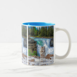 White Wolf & Rocky Mountain Waterfall Wildlife Art Two-Tone Coffee Mug