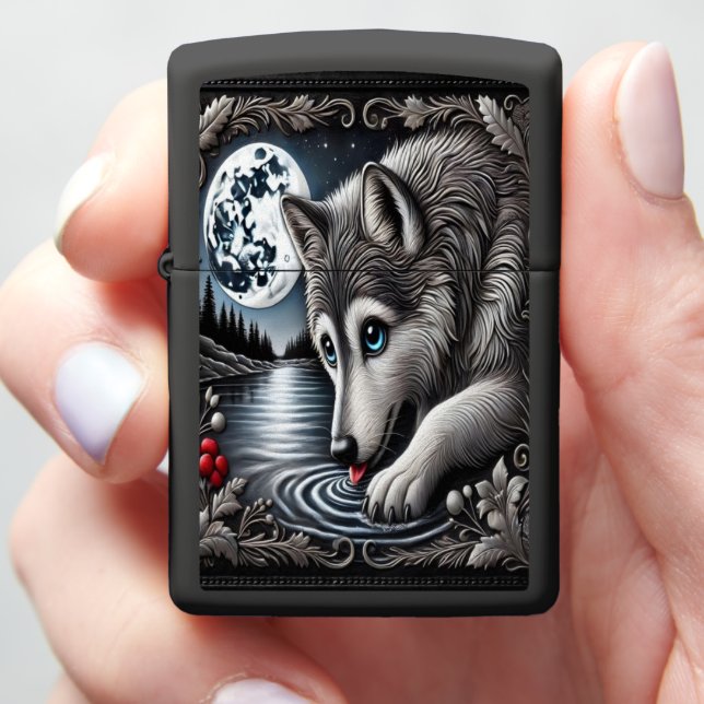 White Wolf’s Tranquil Reflection Zippo Lighter (In Hand)