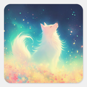 White Wolf Standing in Vibrant Colorful Wildflower Square Sticker