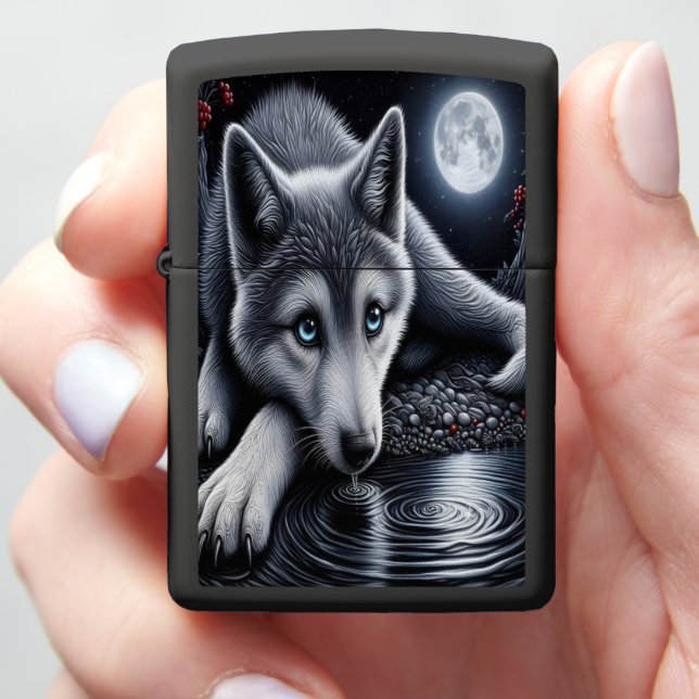 White Wolf Under Moonlight Zippo Lighter (In Hand)